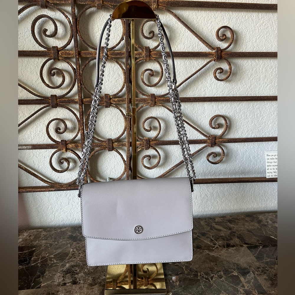 Tory Burch Gray Leather Crossbody W/Leather/Silver Chain Strap